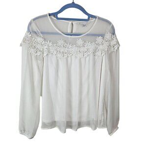 Lauren Conrad Sheer White Blouse Lined Lace Floral Trim Size Small Elegant Chic